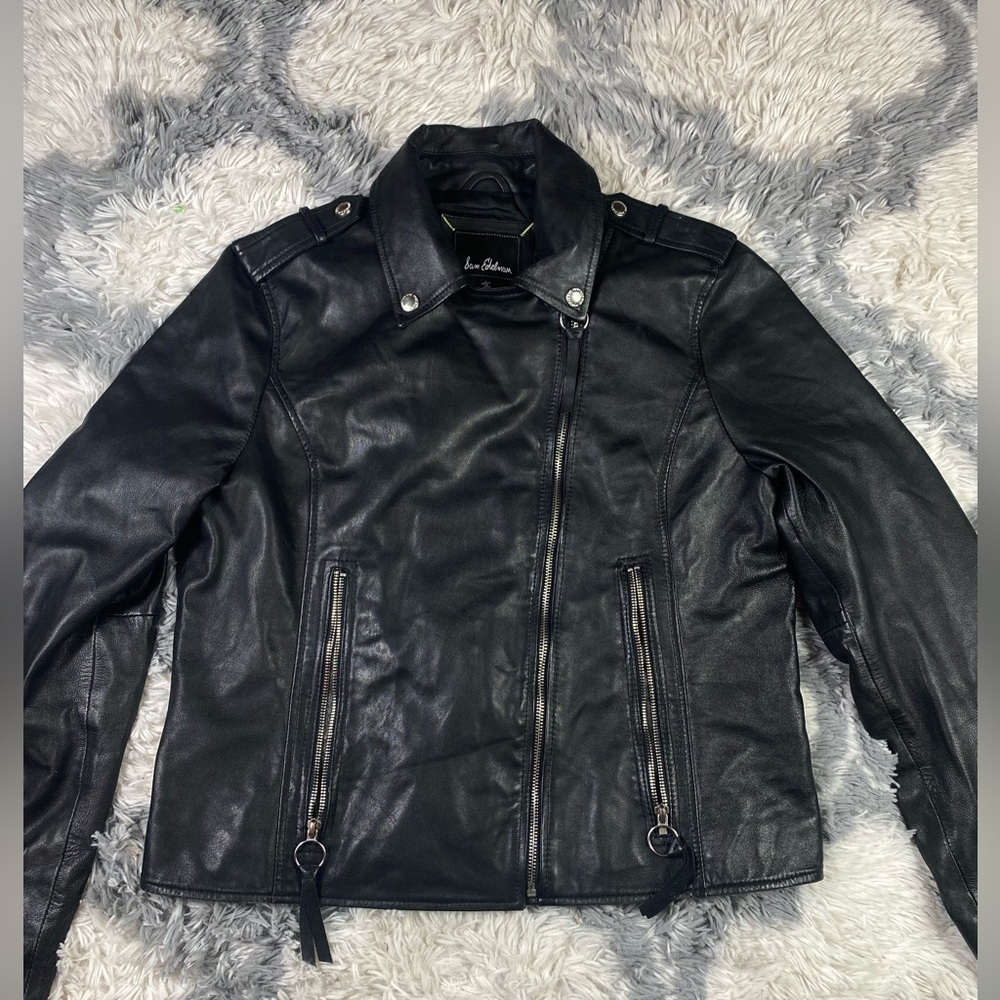 $380 Sam Edelman Black Asymmetrical Moto Lambskin Leather Jacket Ring Pulls sz L